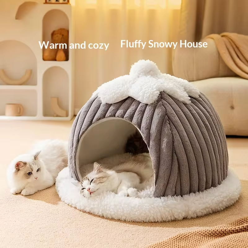 Winter Warm Semi Enclosed Plush Cat Bed Hooded Cat Cave Thick Padded Removable Washable Cozy Calming Bed for AnxiousSmall Cats