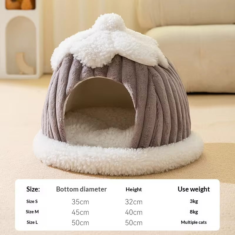 Winter Warm Semi Enclosed Plush Cat Bed Hooded Cat Cave Thick Padded Removable Washable Cozy Calming Bed for AnxiousSmall Cats