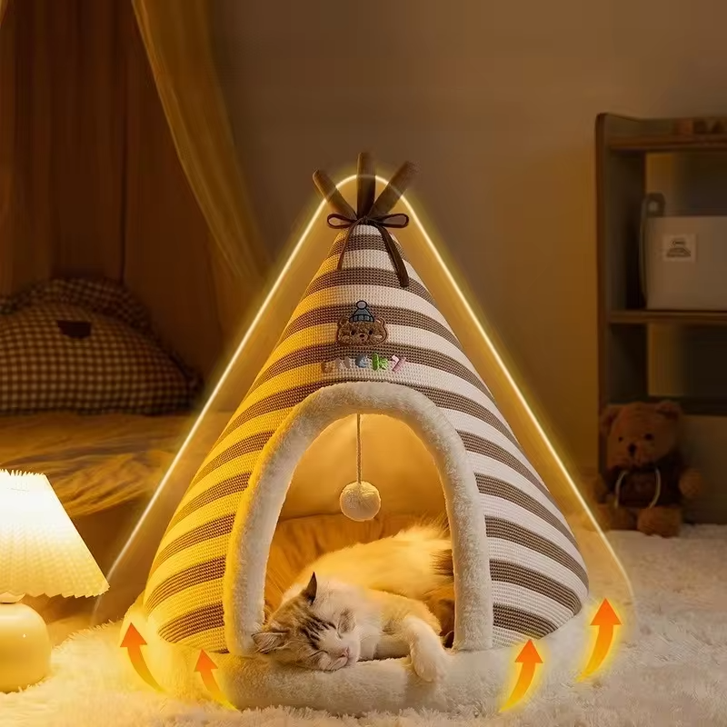 Self Warming Cat Bed Winter Warm Plush Tent House with Removable Washable Cover for Indoor Cats and Small Dogs Comfort