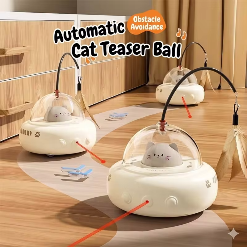 2 In 1 Automatic Cat Toy UFO Feather Teaser Obstacle Avoidance Self Play Kitten USB Rechargeable Indoor Pet Interactive Supplies