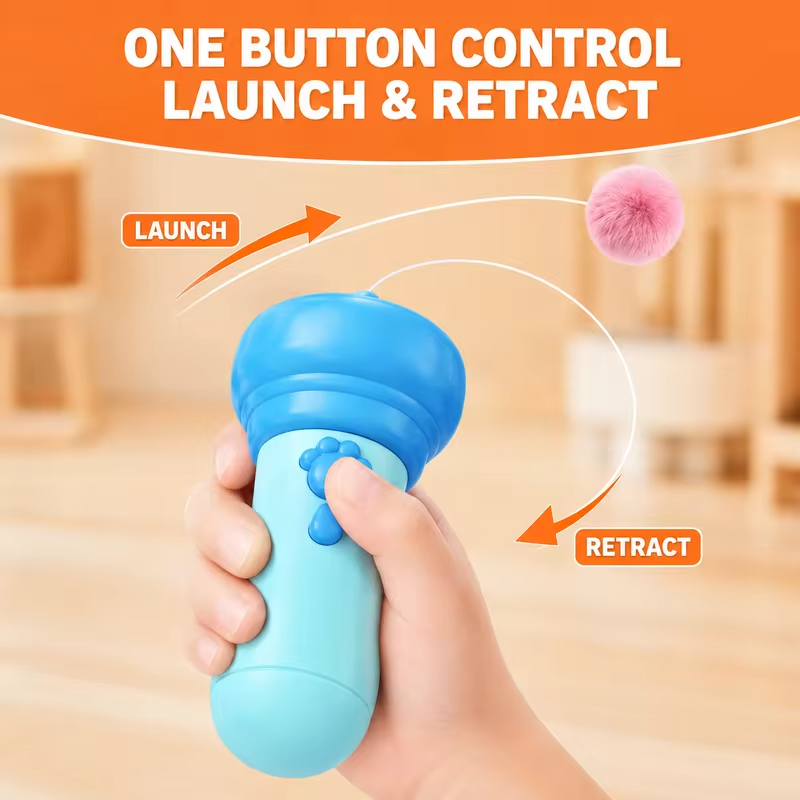 Automatic Cat Teaser Launcher, Electric Retractable Rope Plush Ball Toy, Interactive Cat Wand for Indoor Cats Kittens