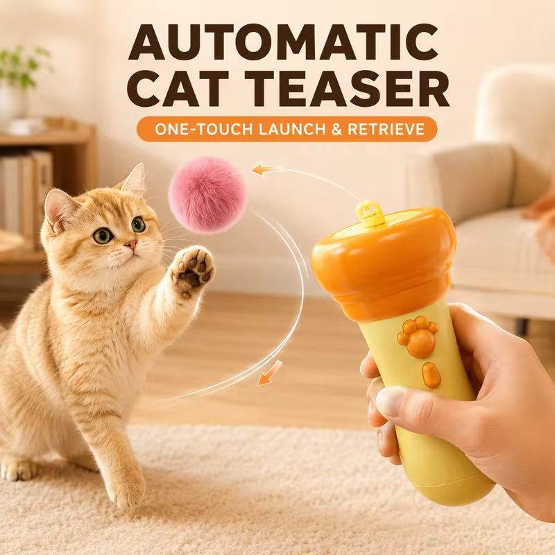 Automatic Cat Teaser Launcher, Electric Retractable Rope Plush Ball Toy, Interactive Cat Wand for Indoor Cats Kittens