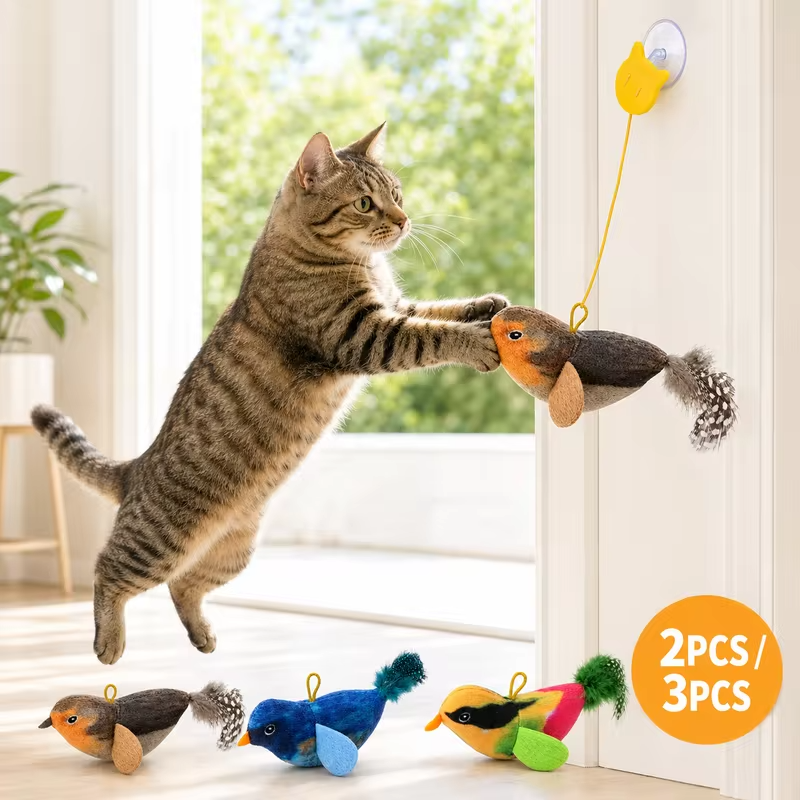 Interactive Hanging Cat Toy Bird Teaser with Elastic Rope Sound Catnip Indoor Wall-Mounted Toy for Cats Kittens Chasing Play